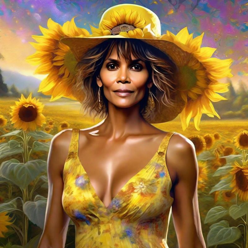 Halle Berry in a Yellow printed sensual dress in a Sunflower field 3.jpg