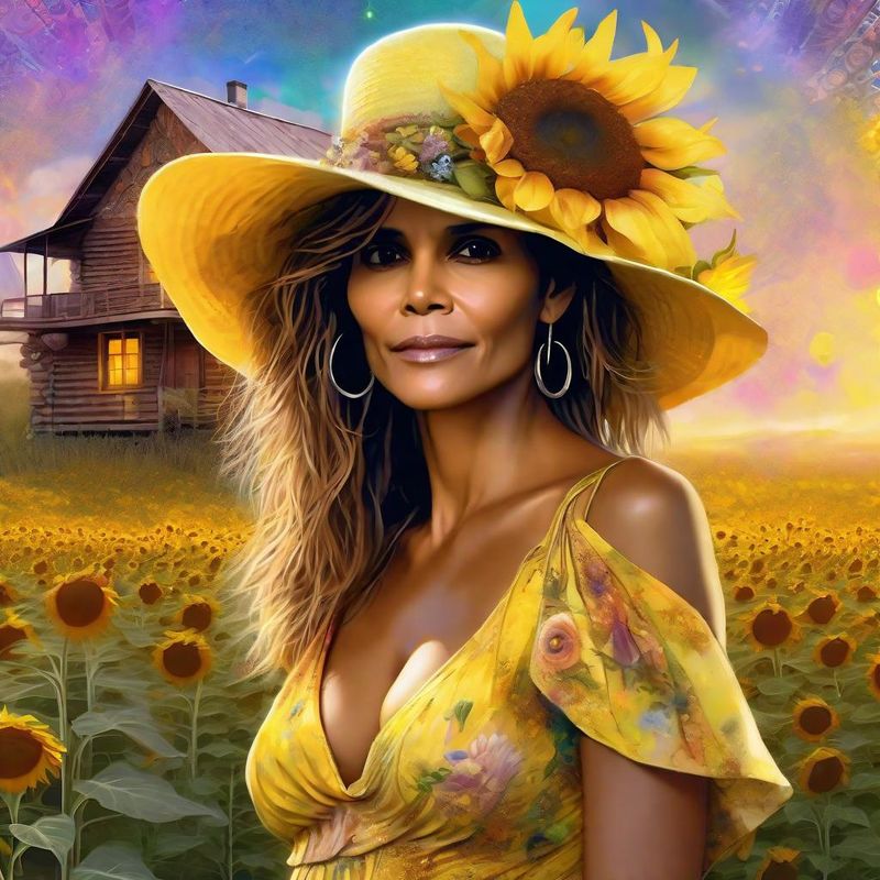 Halle Berry in a Yellow printed sensual dress in a Sunflower field 2.jpg