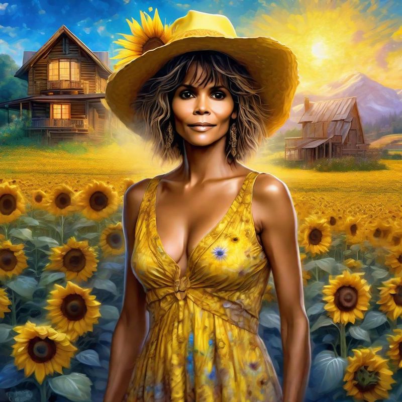 Halle Berry in a Yellow printed sensual dress in a Sunflower field 1.jpg