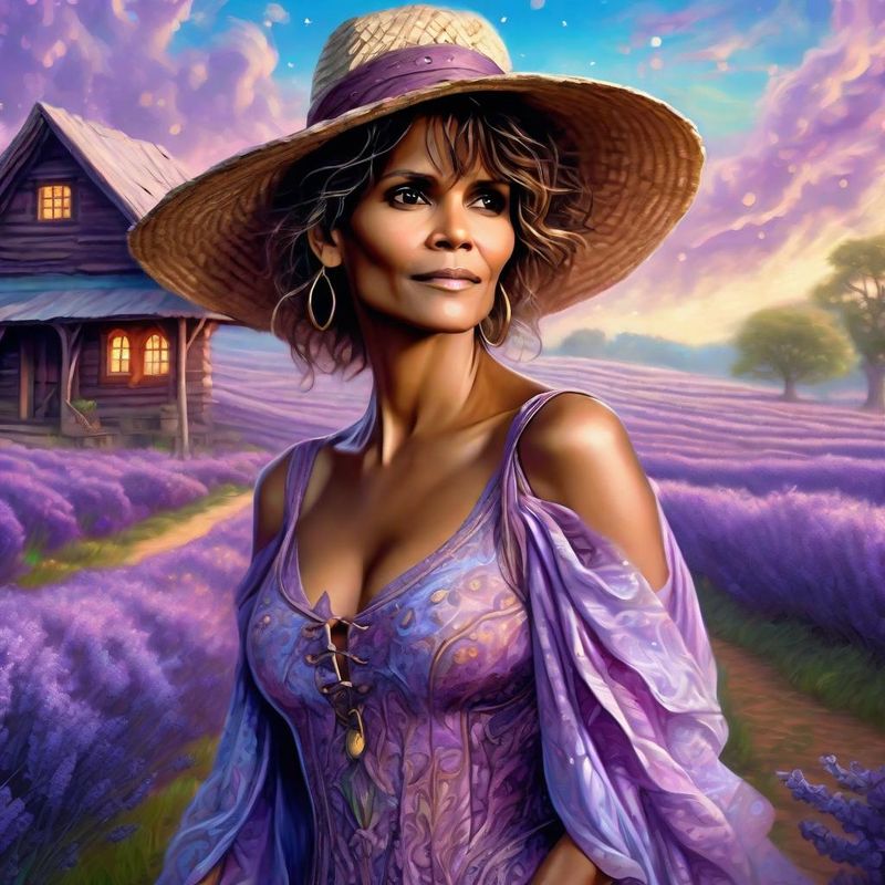 Halle Berry in a lilac printed sensual dress in an Lavender field 5.jpg