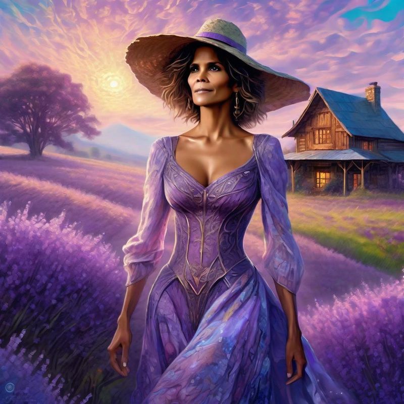 Halle Berry in a lilac printed sensual dress in an Lavender field 4.jpg