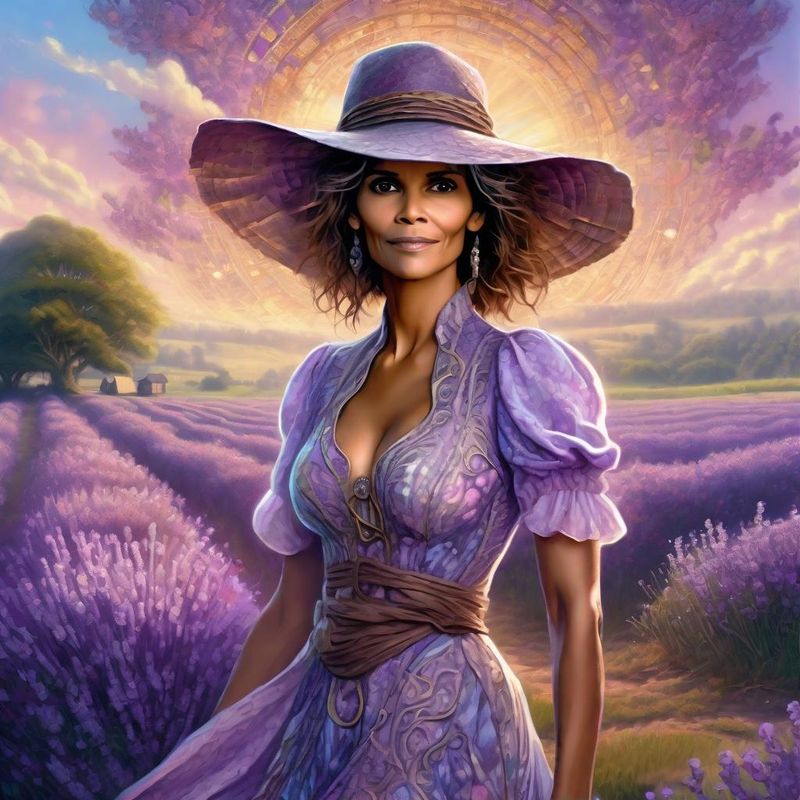 Halle Berry in a lilac printed sensual dress in an Lavender field 3.jpg
