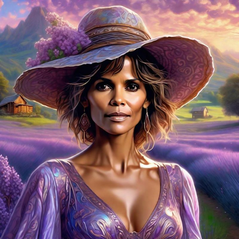 Halle Berry in a lilac printed sensual dress in an Lavender field 1.jpg