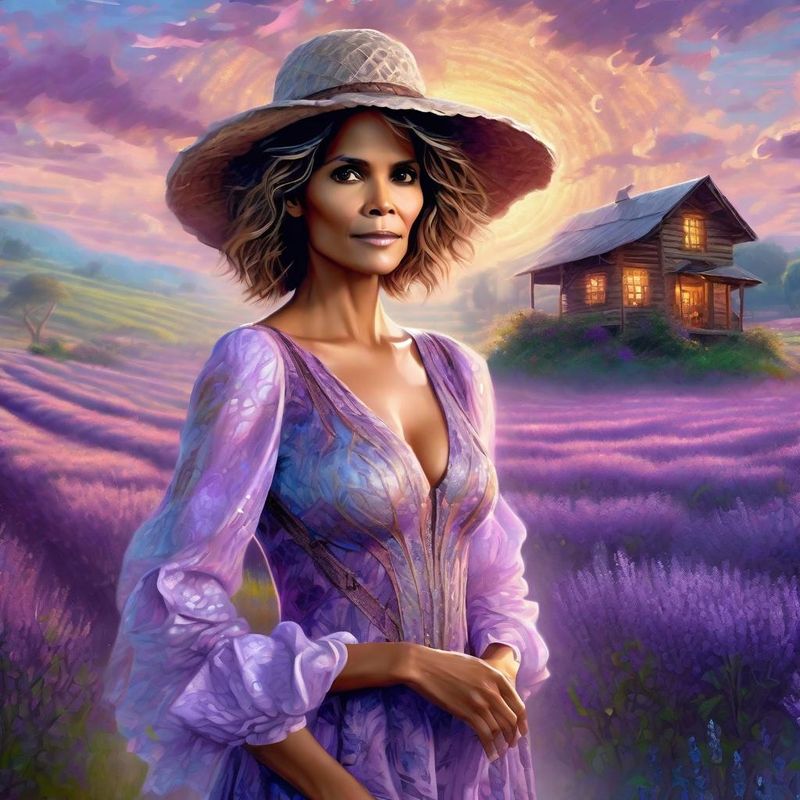Halle Berry in a lilac printed sensual dress in an Lavender field 2.jpg