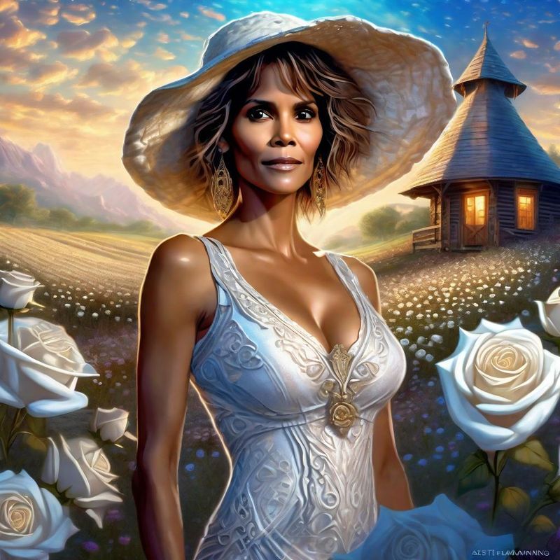Halle Berry in a White printed sensual dress in an White Roses Field 2.jpg