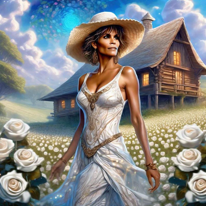 Halle Berry in a White printed sensual dress in an White Roses Field 1.jpg