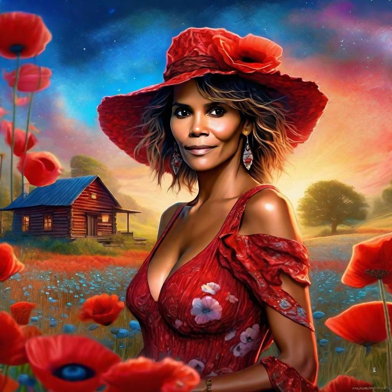 Halle Berry in a Red printed sensual dressin an poppy field 5.jpg