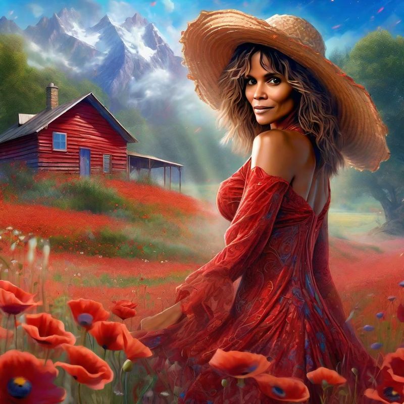 Halle Berry in a Red printed sensual dressin an poppy field 2.jpg