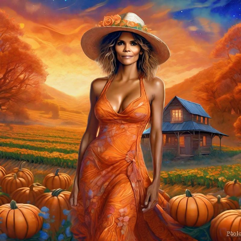 Halle Berry in a Orange printed sensual dress in a Pumpkin Field 5.jpg