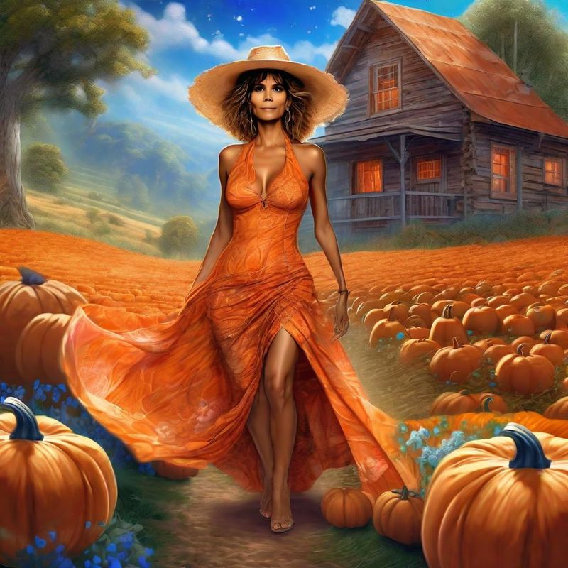 Halle Berry in a Orange printed sensual dress in a Pumpkin Field 3.jpg