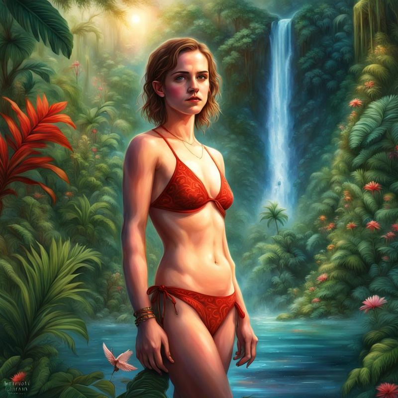 Emma Watson madly in love standing in a Red Printed bikini near a waterfall in the jungle 5.jpg