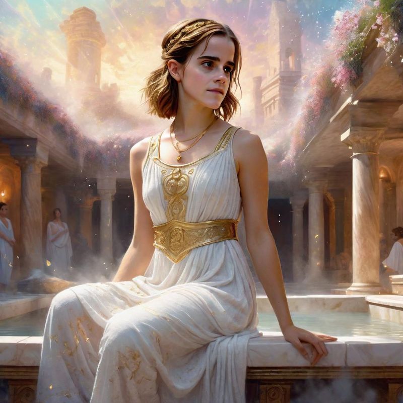 Emma Watson in tunic in a Roman Bathhouse 5.jpg