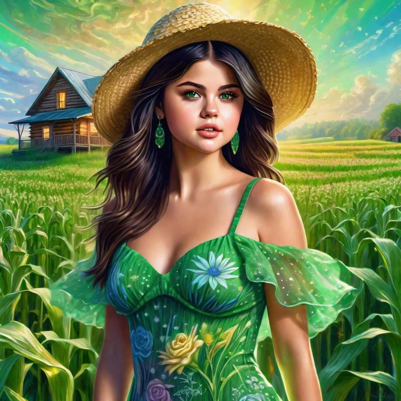 Selena Gomez in a green printed sensual dress in an Corn field 1.jpg