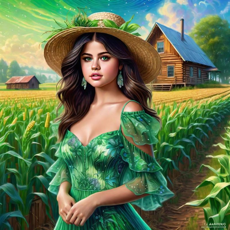 Selena Gomez in a green printed sensual dress in an Corn field 2.jpg