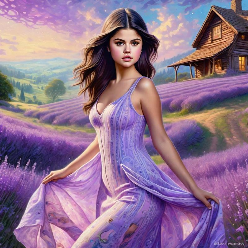 Selena Gomez in a lilac printed sensual dress in an Lavender field 1.jpg
