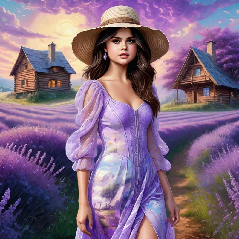 Selena Gomez in a lilac printed sensual dress in an Lavender field 2.jpg