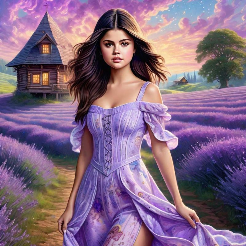 Selena Gomez in a lilac printed sensual dress in an Lavender field 5.jpg