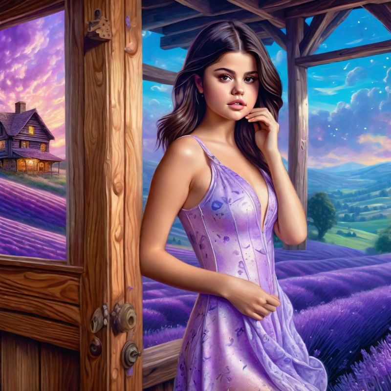 Selena Gomez in a lilac printed sensual dress in an Lavender field 3.jpg