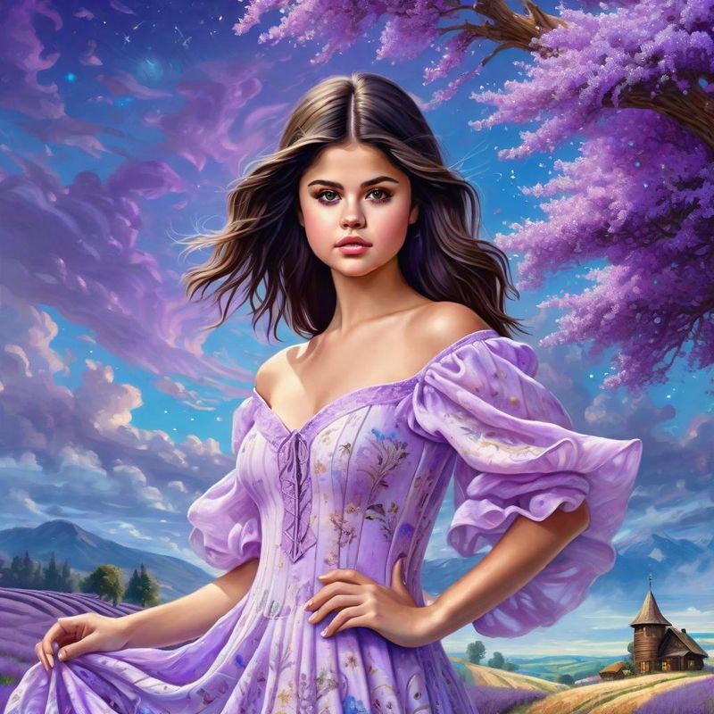 Selena Gomez in a lilac printed sensual dress in an Lavender field 4.jpg