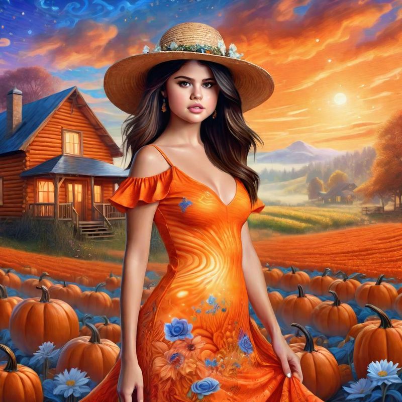 Selena Gomez in a Orange printed sensual dress in an Pumpkin field 2.jpg