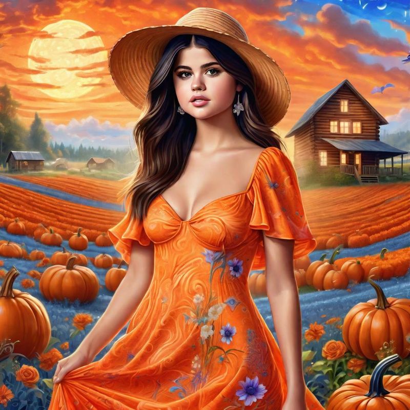 Selena Gomez in a Orange printed sensual dress in an Pumpkin field 5.jpg