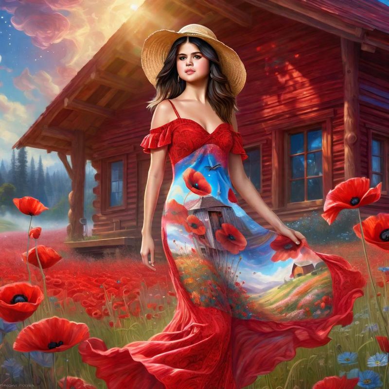 Selena Gomez in a Red printed sensual dress in an Poppy Field 1.jpg