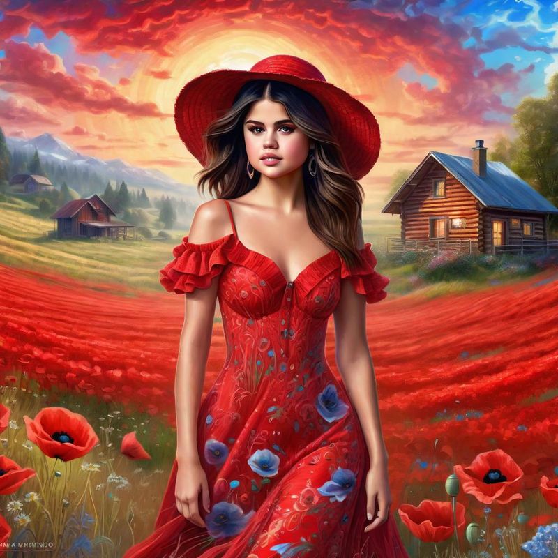 Selena Gomez in a Red printed sensual dress in an Poppy Field 2.jpg