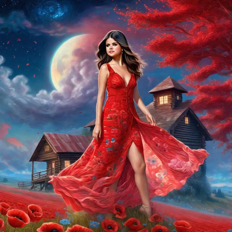 Selena Gomez in a Red printed sensual dress in an Poppy Field 3.jpg