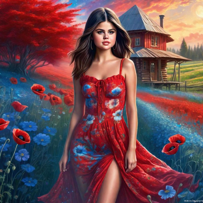 Selena Gomez in a Red printed sensual dress in an Poppy Field 4.jpg