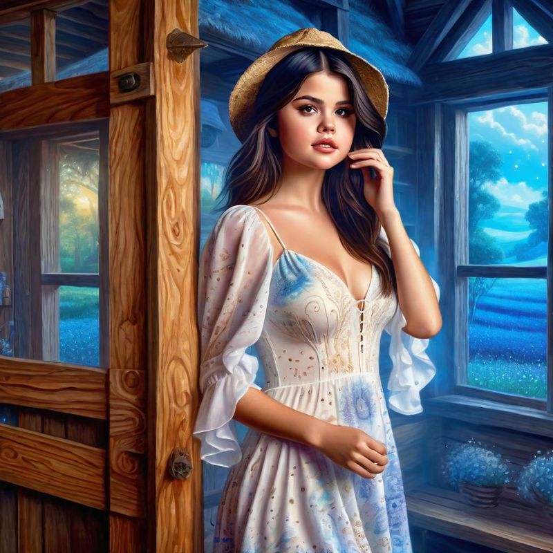Selena Gomez in a White printed sensual dress in an Cotton Field 1.jpg