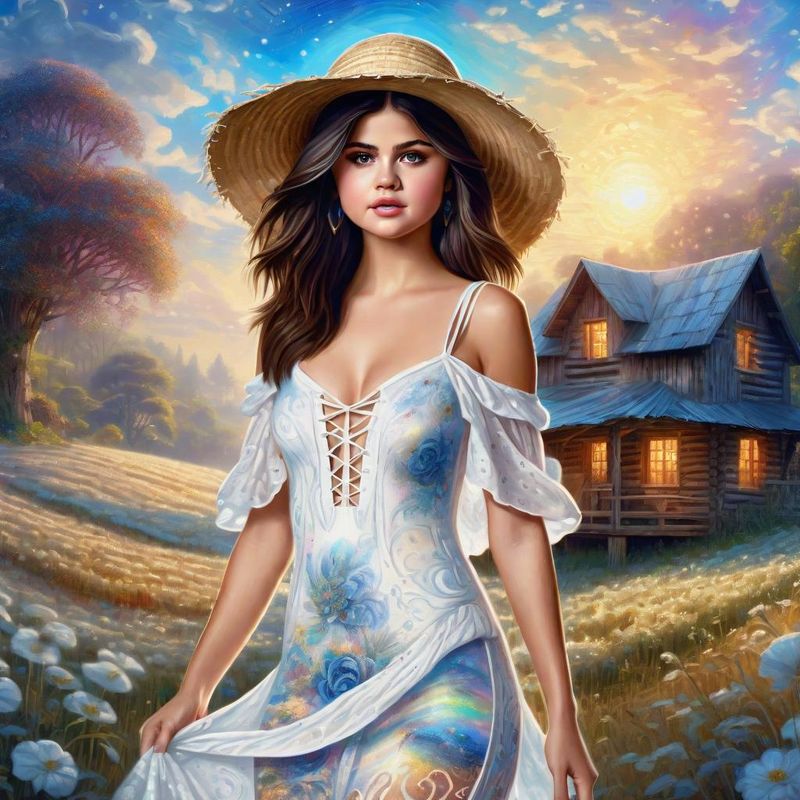 Selena Gomez in a White printed sensual dress in an Cotton Field 2.jpg