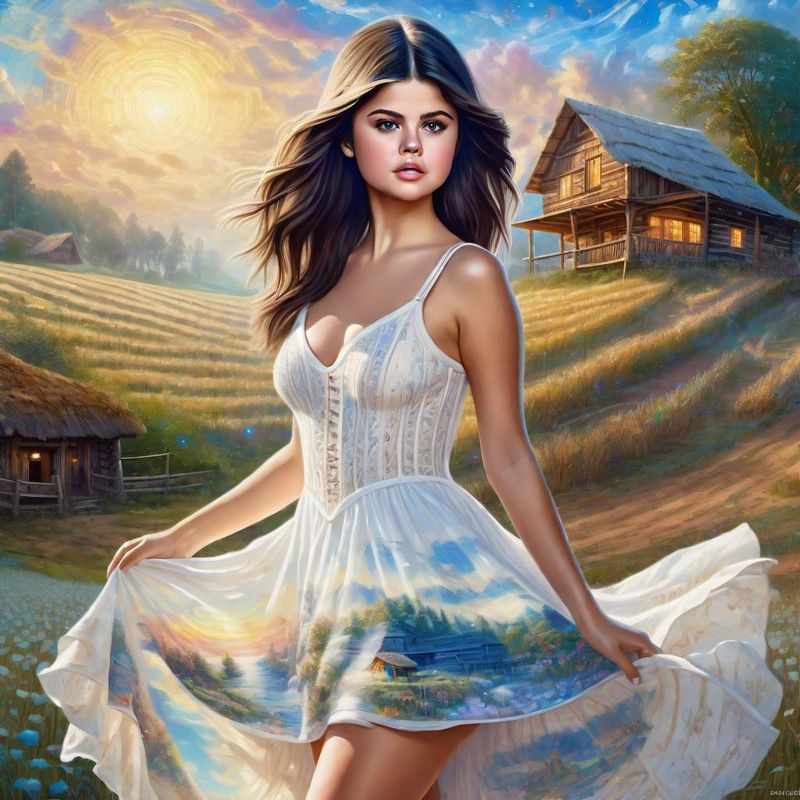 Selena Gomez in a White printed sensual dress in an Cotton Field 5.jpg