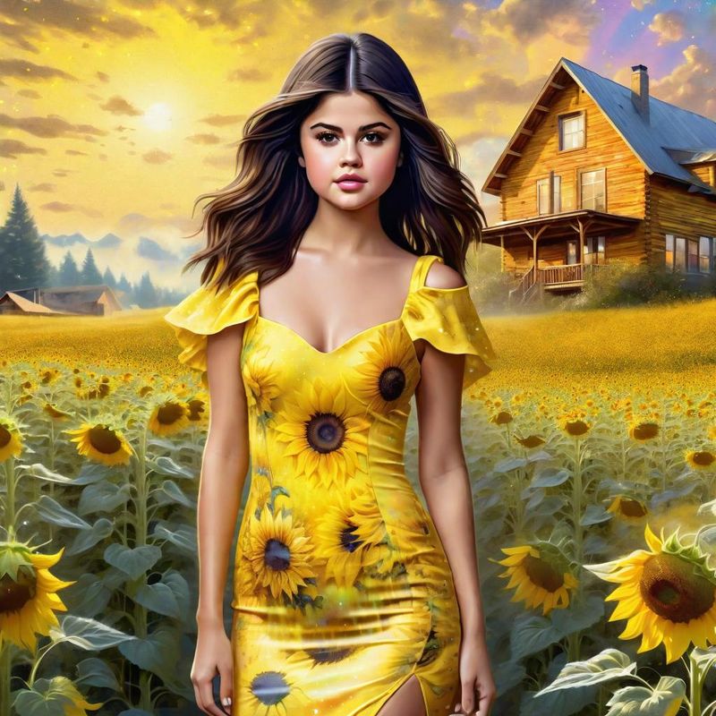 Selena Gomez in a Yellow printed sensual dress in an Sunflower field 1.jpg