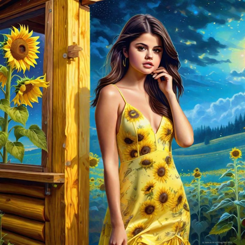 Selena Gomez in a Yellow printed sensual dress in an Sunflower field 3.jpg