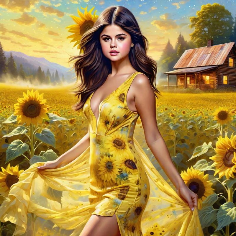 Selena Gomez in a Yellow printed sensual dress in an Sunflower field 2.jpg