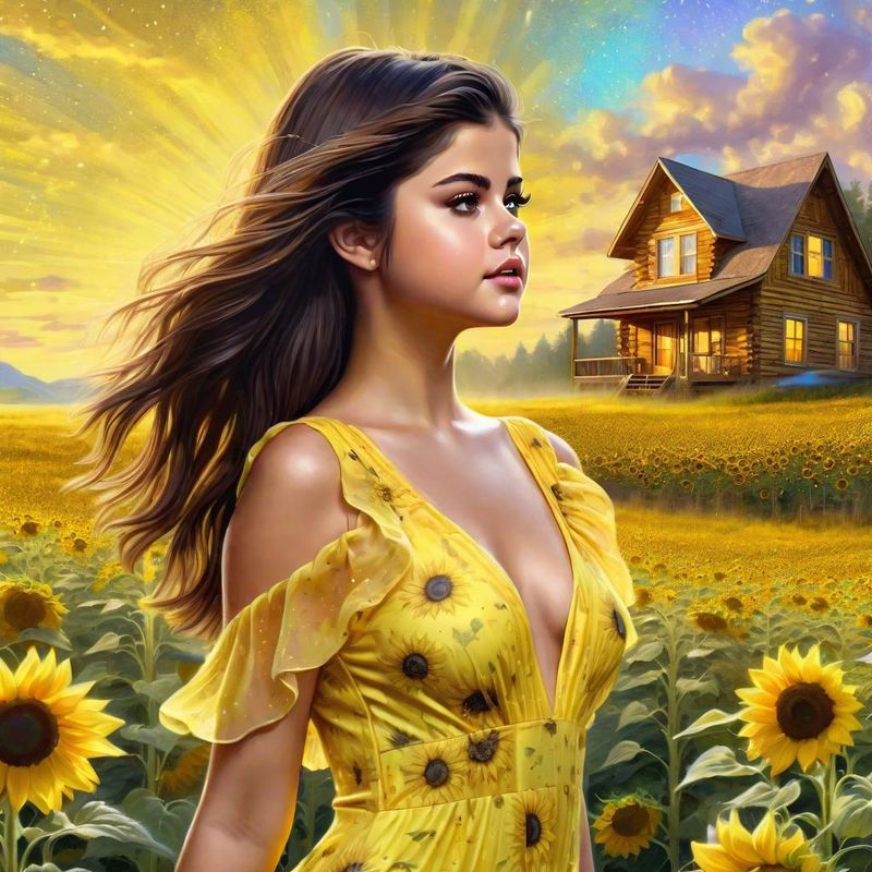Selena Gomez in a Yellow printed sensual dress in an Sunflower field 4.jpg
