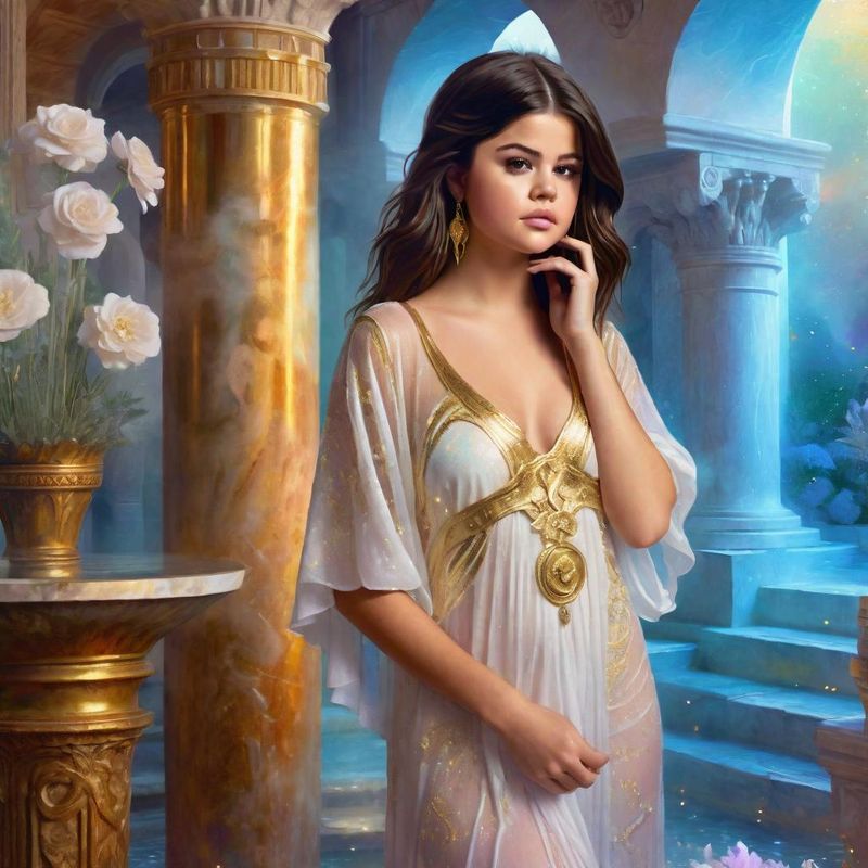 Selena Gomez in tunic in a Roman Bathhouse 4.jpg