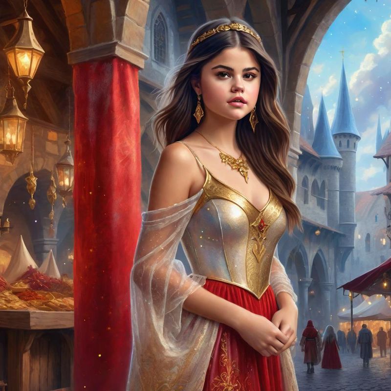 Selena Gomez standing in medieval Clothes on an medieval Marketplace in a Fantasy World 4.jpg