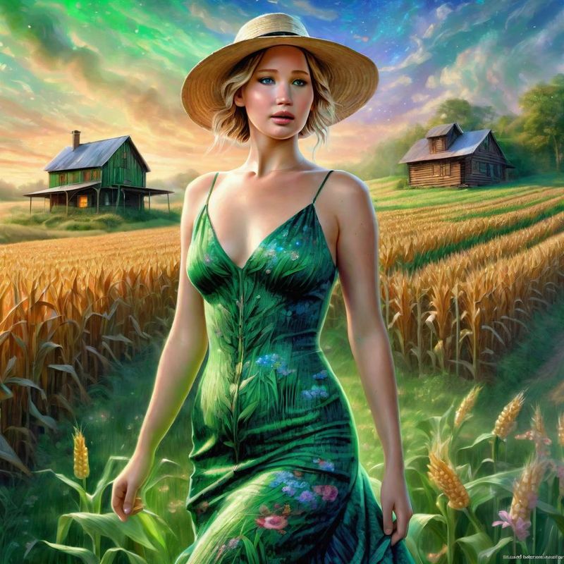 Jennifer Lawrence in a green printed sensual dress, in a Corn field 4.jpg