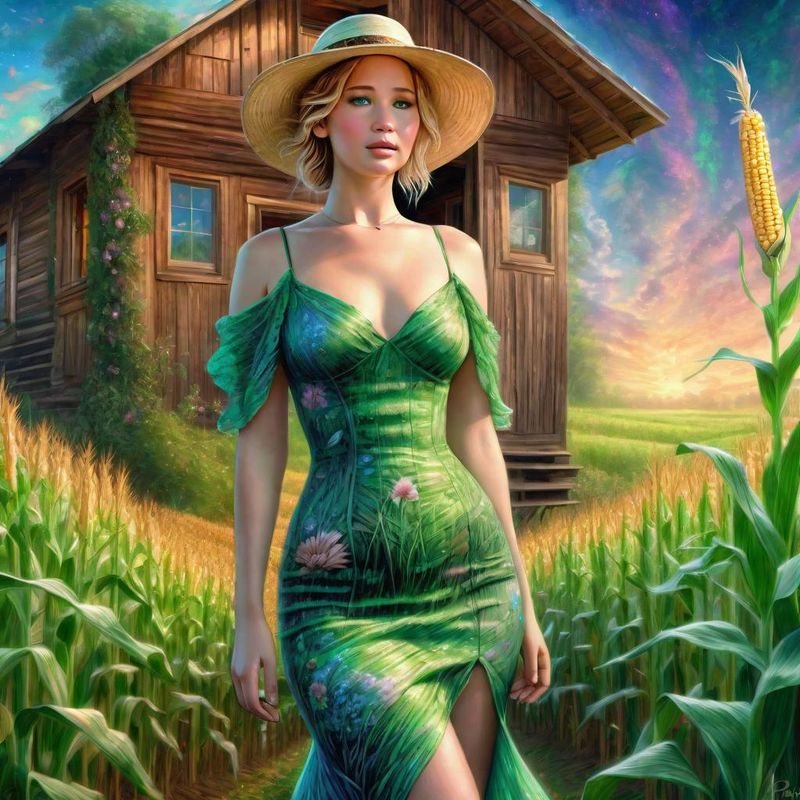 Jennifer Lawrence in a green printed sensual dress, in a Corn field 3.jpg