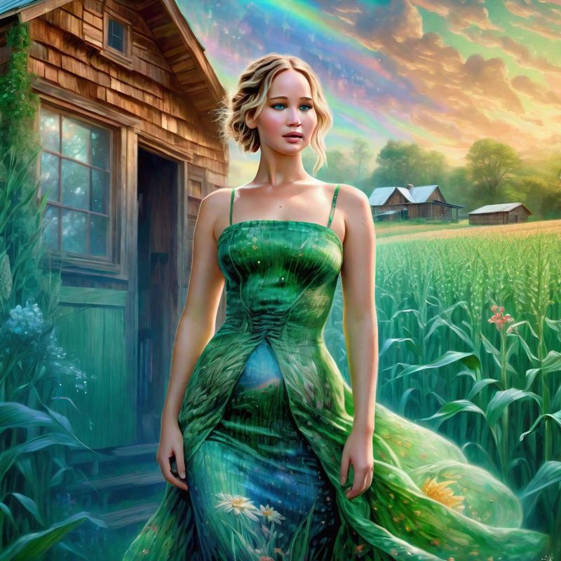 Jennifer Lawrence in a green printed sensual dress, in a Corn field 2.jpg