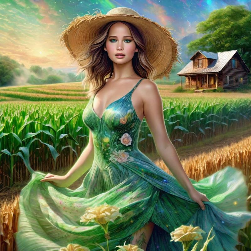 Jennifer Lawrence in a green printed sensual dress, in a Corn field 1.jpg