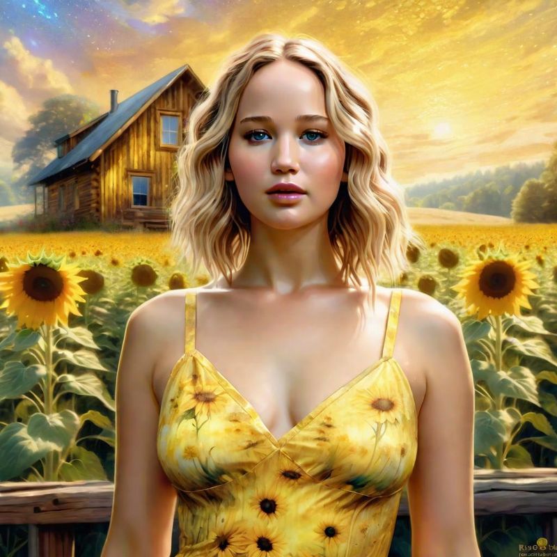 Jennifer Lawrence in a Yellow printed sensual dress in a Sunflower field 5.jpg