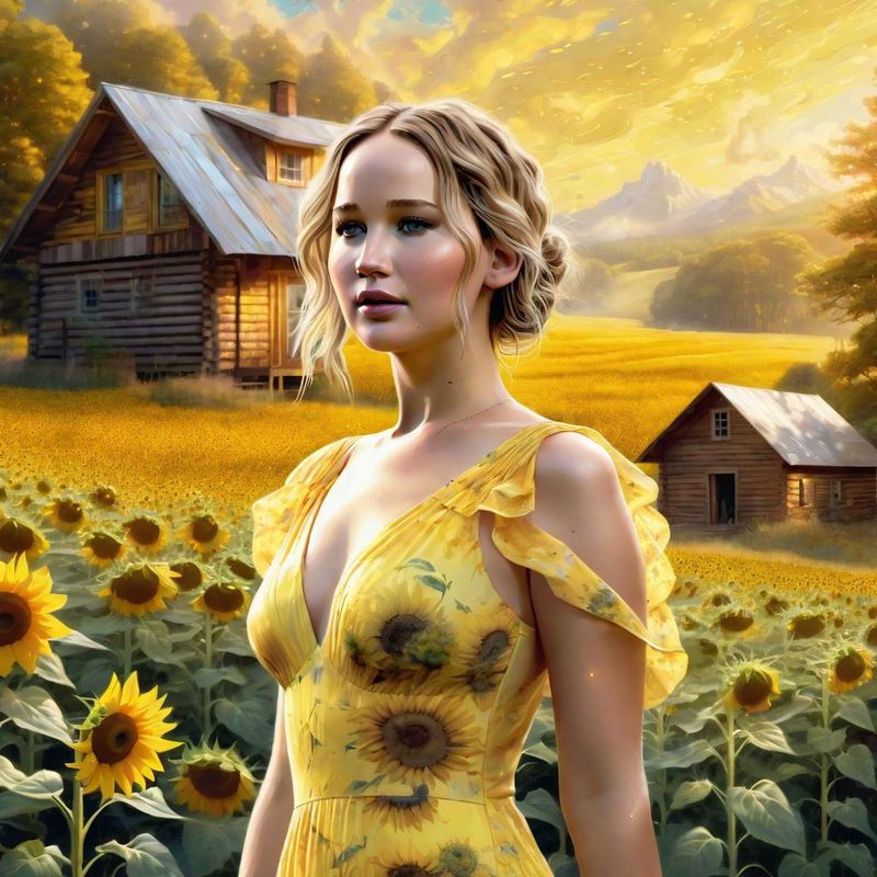 Jennifer Lawrence in a Yellow printed sensual dress in a Sunflower field 2.jpg
