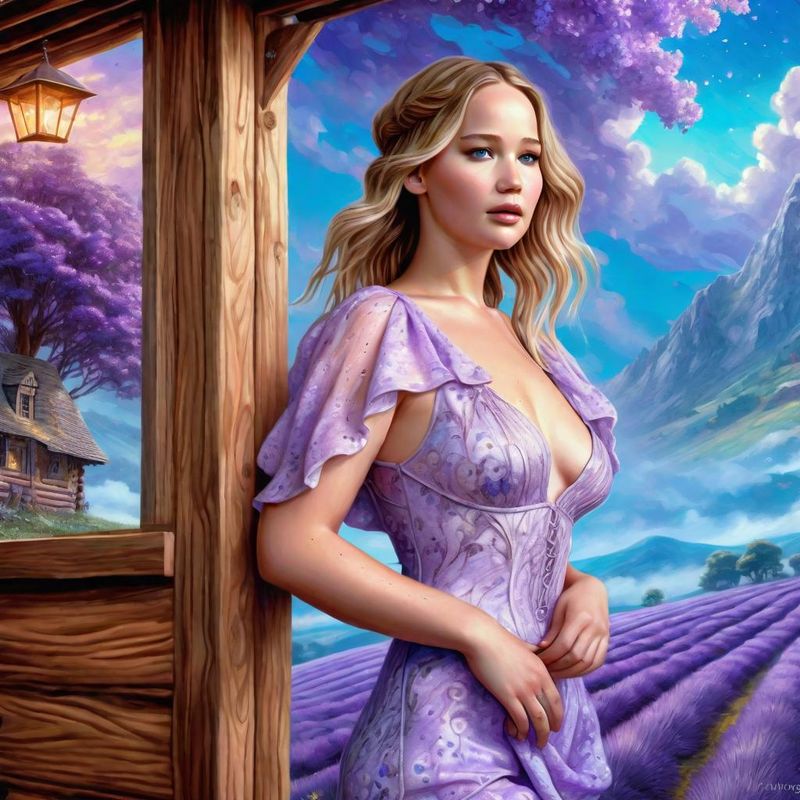 Jennifer Lawrence in a lilac printed sensual dress, in a Lavender field 5.jpg