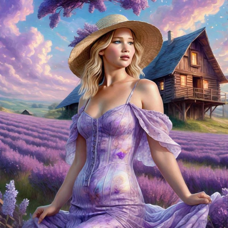 Jennifer Lawrence in a lilac printed sensual dress, in a Lavender field 4.jpg