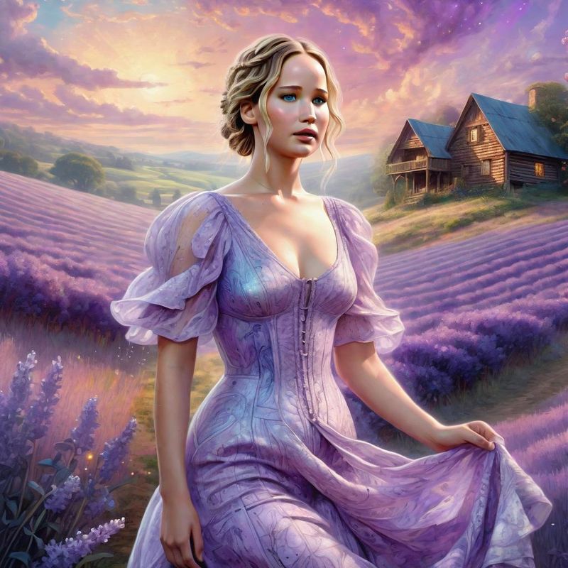 Jennifer Lawrence in a lilac printed sensual dress, in a Lavender field 3.jpg