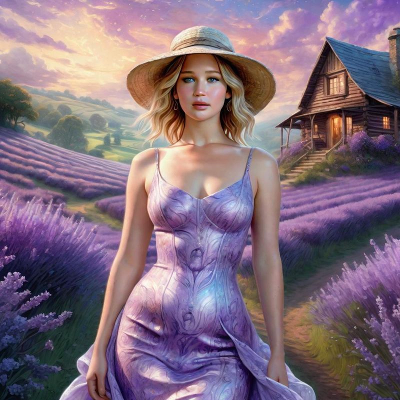 Jennifer Lawrence in a lilac printed sensual dress, in a Lavender field 1.jpg