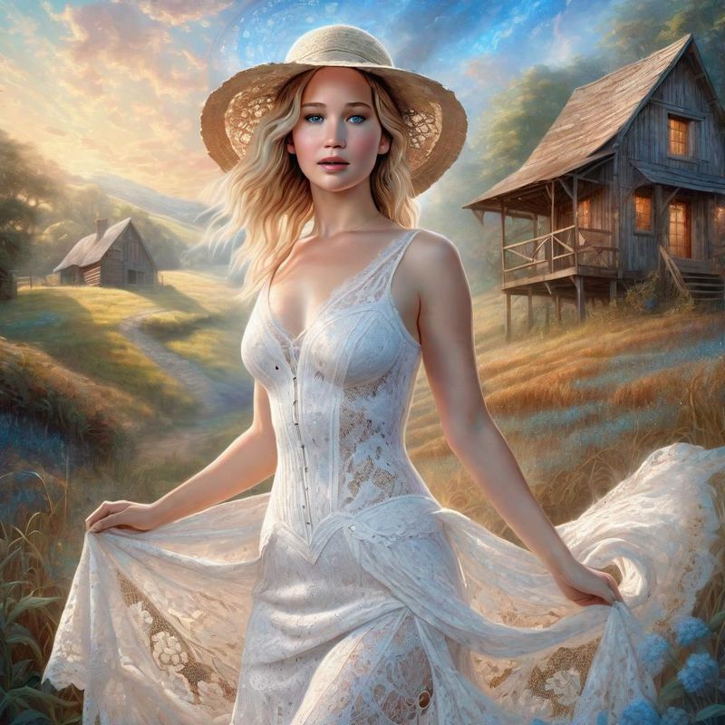 Jennifer Lawrence in a White lace sensual dress in a Cotton field 5.jpg