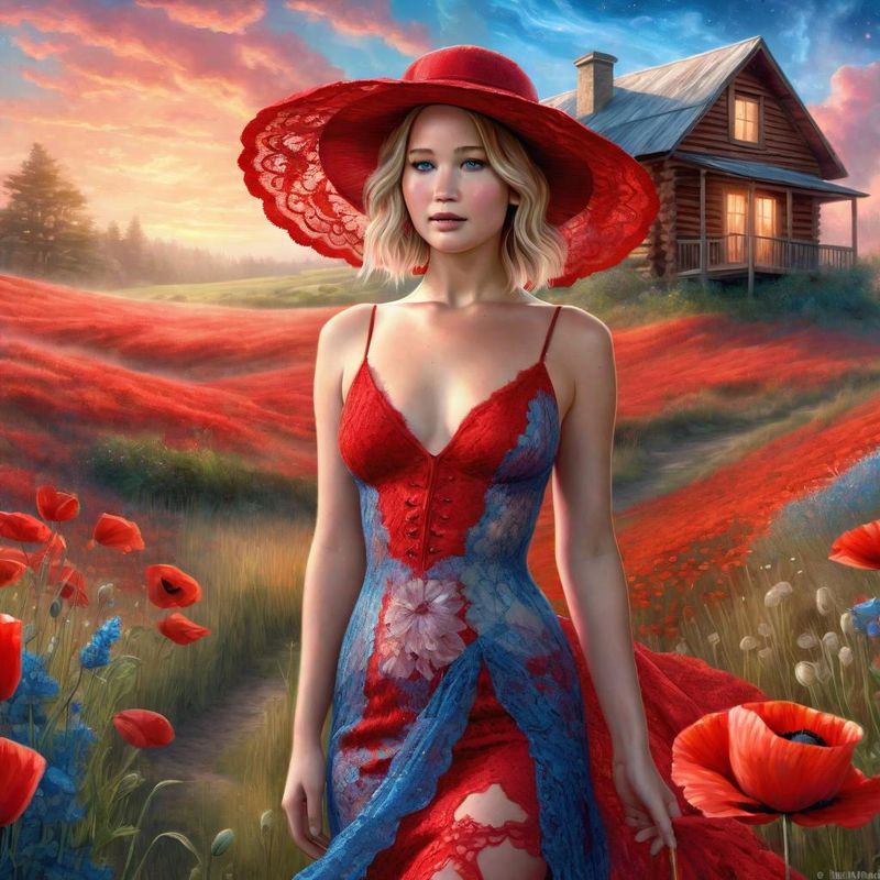 Jennifer Lawrence in a Red lace sensual dress in a poppy field 3.jpg